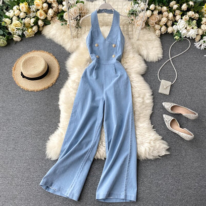Women Casual Cotton Jumpsuit Sleeveless Backless Halter neck Playsuit Trousers Overalls