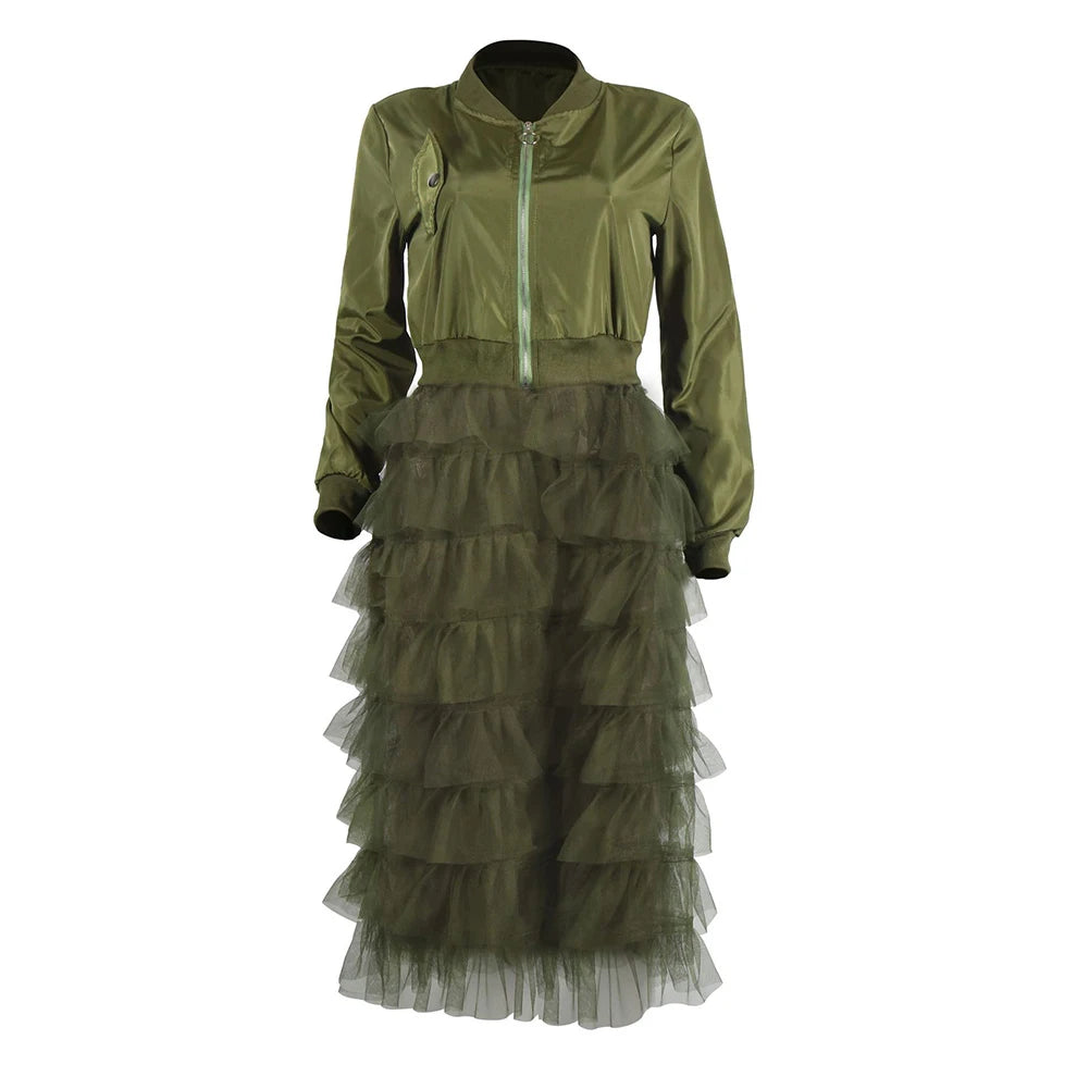 Women Long Sleeve zipper dress coat  mesh lace Ruffle Patchwork long Jacket