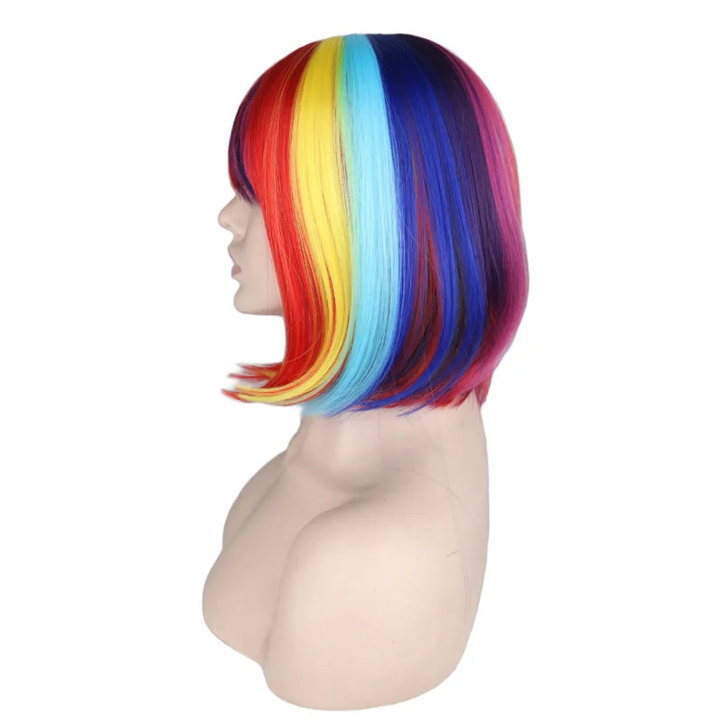 Women Short Straight Rainbow Bob Cosplay Wigs with Bangs Party Heat Resistant Synthetic Hair Wigs