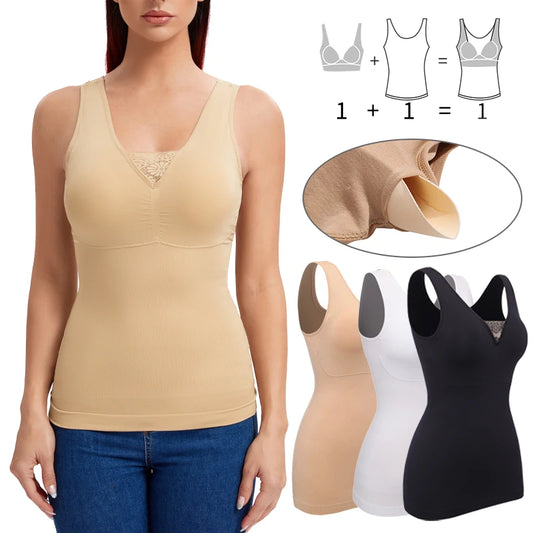 Damen-Shapewear-Unterhemd mit integriertem BH, Bauchkontrolle, Spitzen-Tanktop, Unterhemden, schlankmachender Body Shaper, Kompressionsweste 