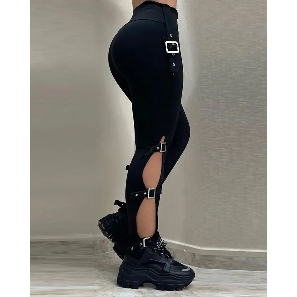 Women  Pants Fashion Buckle Cutout Hip Lift Long Pants Black Slim Streetwear