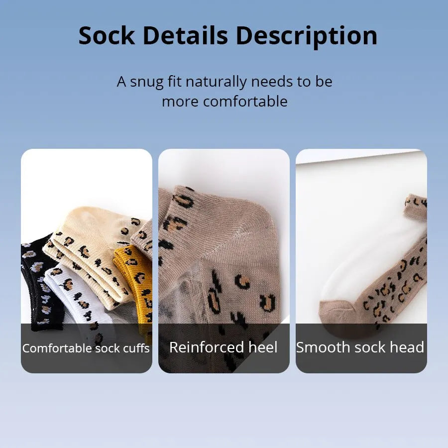 5 Pairs Of Womens Slass Filament Fiber Spring And Summer Thin Transparent Leopard Socks Polyester Sock