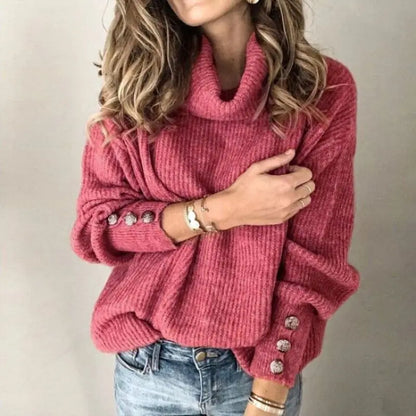 Women Pullover Sweaters Autumn Winter Tops Button Design Knitted Turtleneck Sweater For Women's Loose Tops Female Jumpers