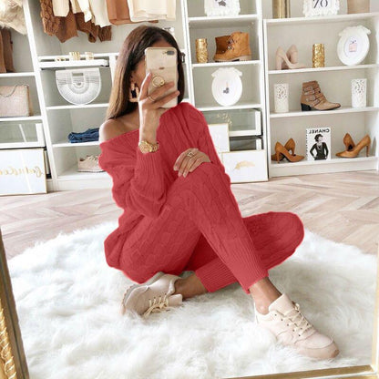 Dropped Shoulder Knit Pants Set Women Long Sleeve Knitted Casual Two-piece Sweater