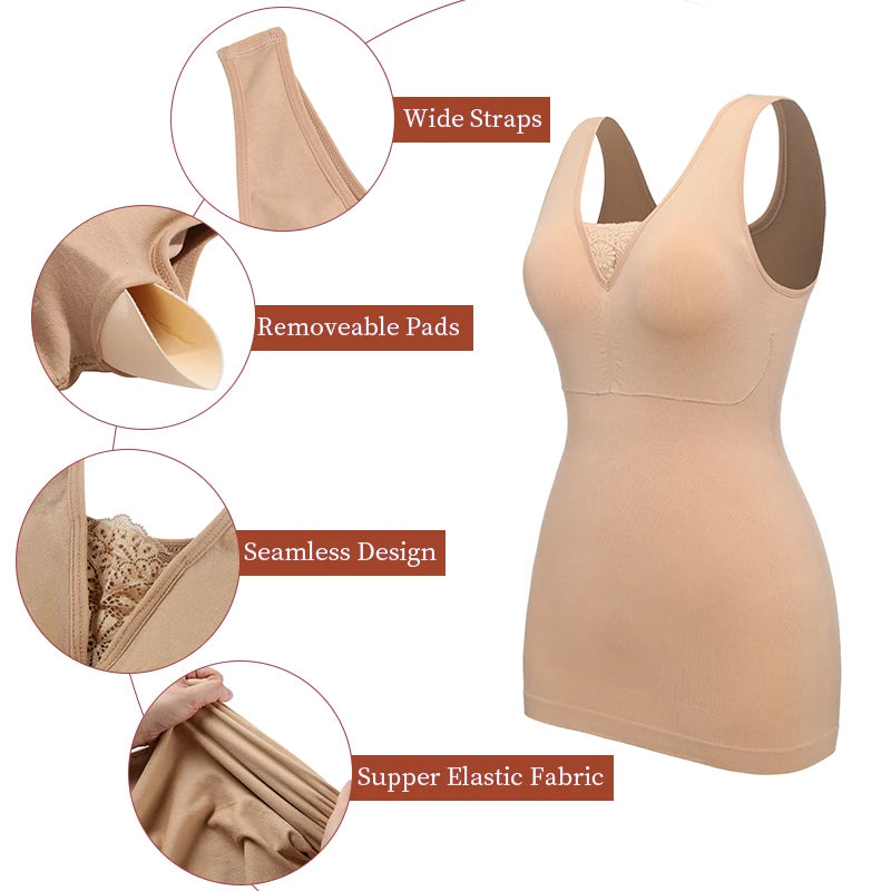 Women Shapewear Camis with Built in Bra Tummy Control Camisole Lace Tank Top Undershirts Slimming Body Shaper Compression Vest