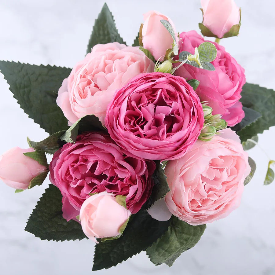 30 cm rosafarbener Seidenpfingstrosen-Kunstblumenstrauß, 5 große Köpfe und 4 Knospen, preiswerte Kunstblumen für Zuhause, Hochzeitsdekoration im Innenbereich 