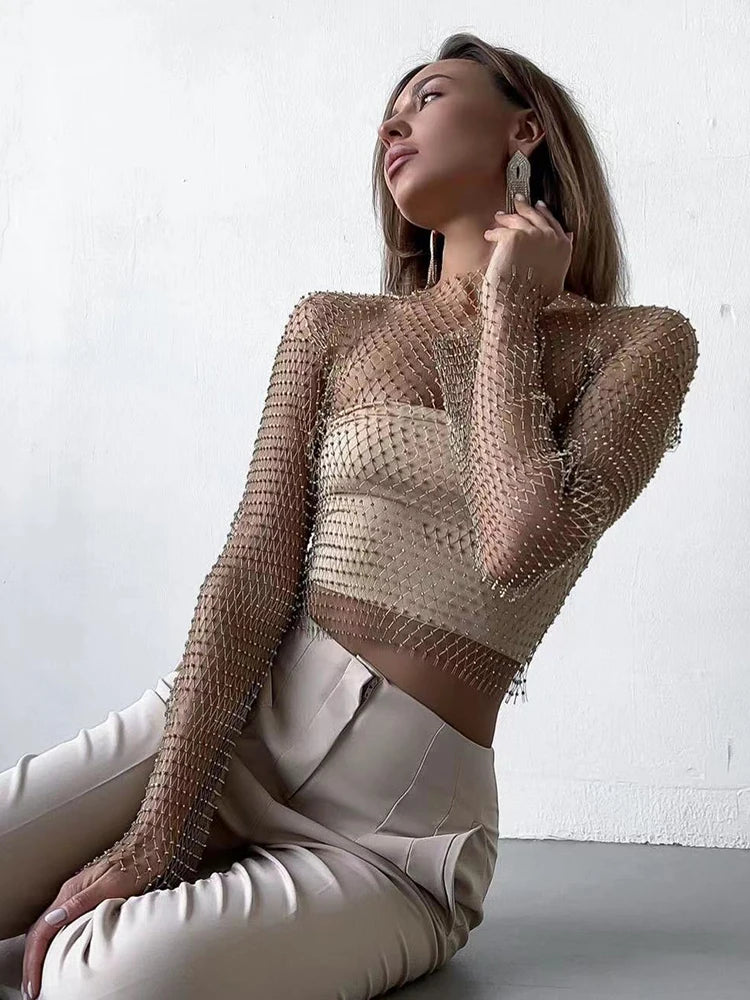 Women Sexy Mesh See Through T Shirt Shiny Rhinestone Fishnet Hollow Out Crop Top Long Sleeve Beach Cover Up Party Club Tank Tops