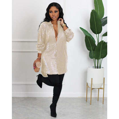 Summer Women&#39;s Shiny Solid Color Loose Cardigan Button Sequin Cardigan Shirt