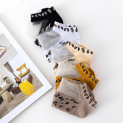 5 paires de chaussettes léopard fines et transparentes en Fiber de Filament Slass pour femmes, chaussettes en Polyester pour printemps et été 