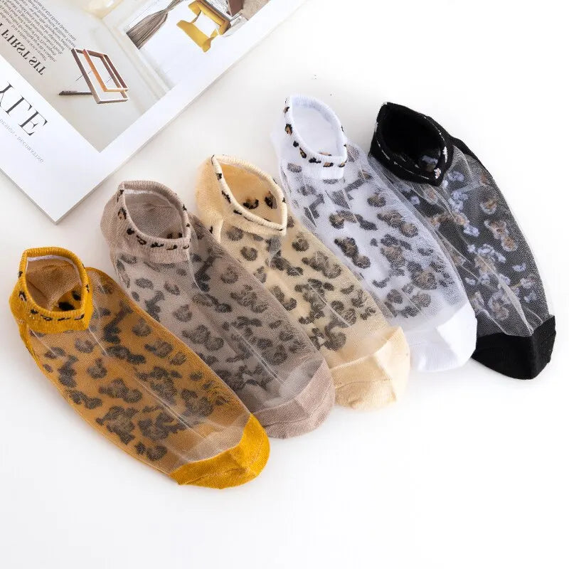 5 Paar Damen Slass Filament Fiber Frühling und Sommer dünne transparente Leopardensocken Polyestersocke 