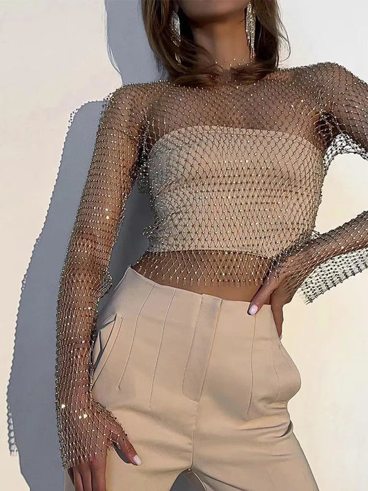 Women Sexy Mesh See Through T Shirt Shiny Rhinestone Fishnet Hollow Out Crop Top Long Sleeve Beach Cover Up Party Club Tank Tops