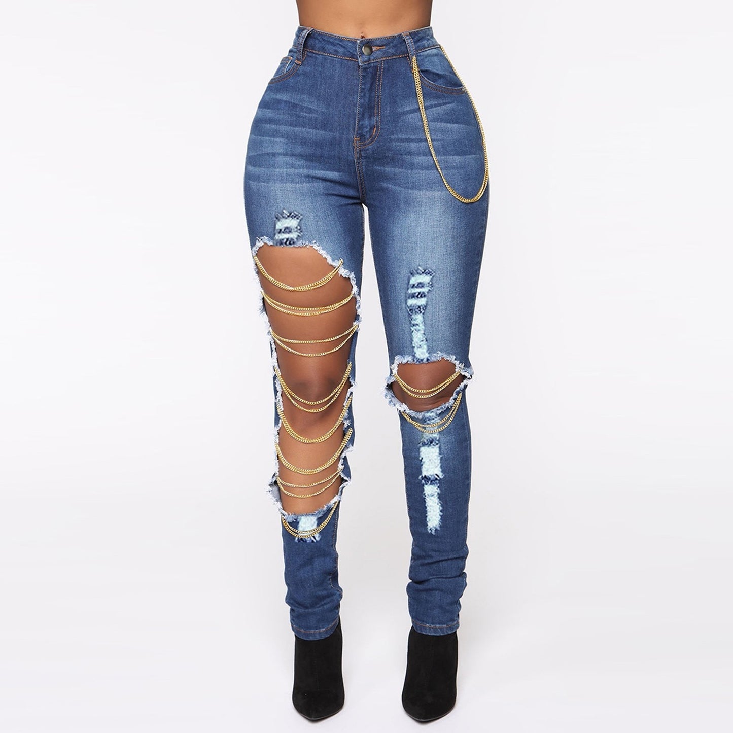 Irregular Holes Jeans With Chain Hanging Slim Washed High Waist Leisure All-Match Chic Elasticity Pants