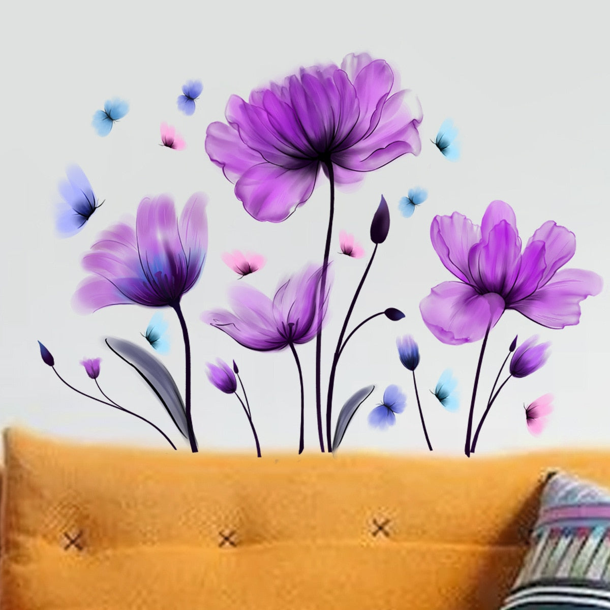 Autocollants muraux fleurs violettes, décoration de chambre à coucher, salon, adhésif, salle de bains, meubles muraux, porte, décoration intérieure de maison