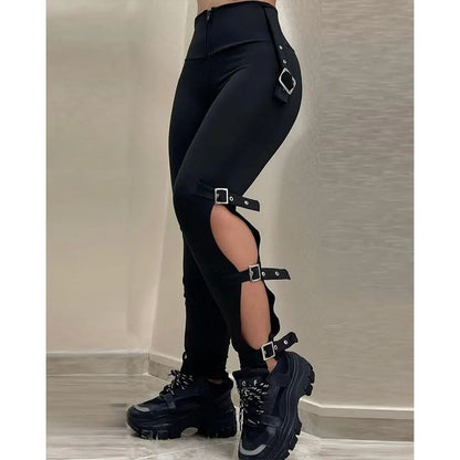 Women  Pants Fashion Buckle Cutout Hip Lift Long Pants Black Slim Streetwear