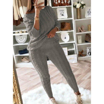 Dropped Shoulder Knit Pants Set Women Long Sleeve Knitted Casual Two-piece Sweater