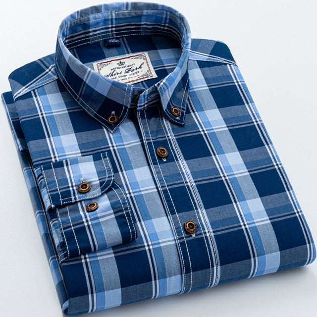 England Style Contrast Casual Soft 100% Cotton  Long Sleeve Standard-fit Plaid Shirt