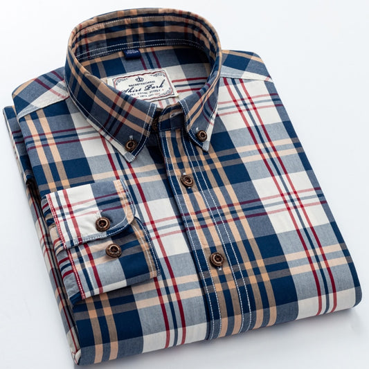 Lässiges, langärmliges, kariertes Hemd aus 100 % weicher Baumwolle im England-Stil mit Kontrastmuster und Standard-Passform