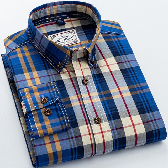 England Style Contrast Casual Soft 100% Cotton  Long Sleeve Standard-fit Plaid Shirt