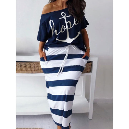matching sets Two Piece dress sets Letter Print Striped Skirt Set Fashion Casual Summer