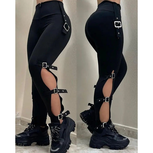 Femmes Pantalons Mode Boucle Découpe Hip Lift Long Pantalon Noir Slim Streetwear 
