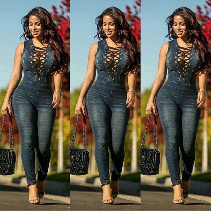 Overalls Women Skinny Jeans Sexy Blue Lace-up V Neck Sleeveless