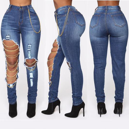 Trous irréguliers Jeans avec chaîne suspendue Slim taille haute lavée Loisirs All-Match Chic Elasticity Pants