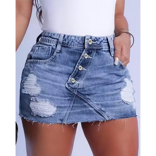 Button Fly Ripped Denim Skirt Women Spring Summer Sexy Mini Skirt Pockets Slim High Waist