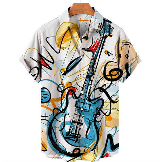 Men Clothing Fashion Music Guitar Printed Tops Tee Casual Oversized Blouses