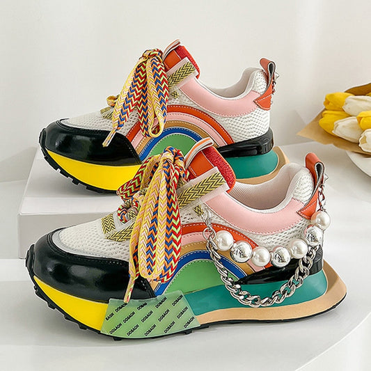 Nouveau à lacets irisé perle chaîne décorative femmes chaussures vulcanisées femmes plate-forme baskets Zapatos De Mujer femmes chaussures
