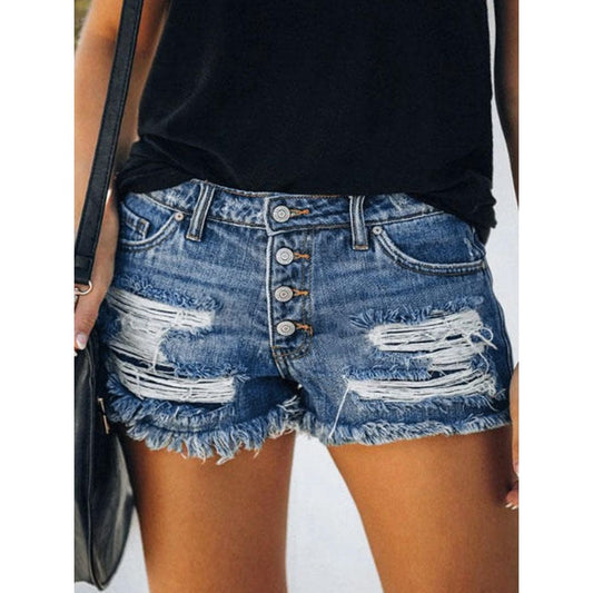 Jean Shorts Mid Waisted Stretchy Button Tassle Shorts with Pockets