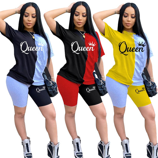 New Summer Fashion Women Stitching Queen Print Tracksuit
